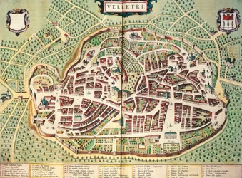 Mapa de Velletri por Joan Blaeu, do Theatrum civitatum et admirandorum Italiae, engarrafando