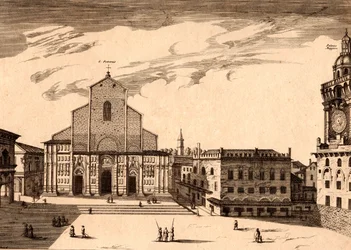 A Basílica de San Petronio na Piazza Maggiore, Bolonha, Emilia-Romagna, Itália, gravura em cobre, cerca de 21x29 cm