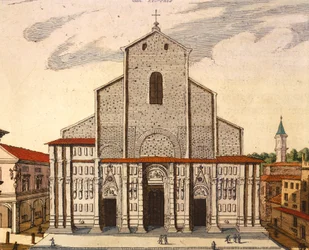 A basílica de San Petronio em Bolonha, de Joan Blaeu (1596-1673), gravura do Theatrum Civitatum et Admirandorum Italiae, Itália