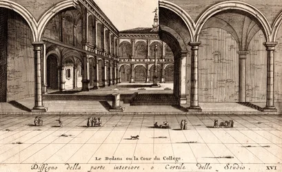 O pátio interior do Palácio Archiginnasio, Bolonha, Emilia-Romagna, Itália, gravura em cobre, cerca de 21x29 cm
