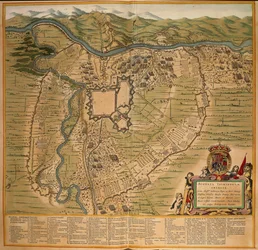 O cerco de Turim em 1639, gravura colorida do Theatrum Sabaudiae de Joan Blaeu, impressa na Itália