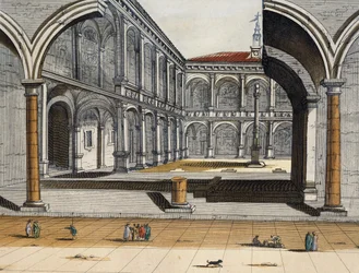 Vista do pátio interno da antiga Universidade de Bolonha, Joan Blaeu, gravura, Itália