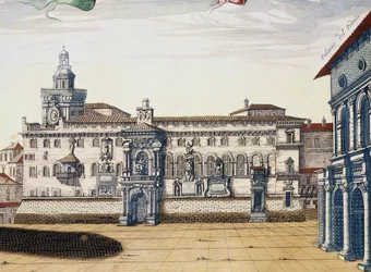 Vista da antiga praça em Bolonha, gravura de Giacomo Lauro e Joan Blaeu do Theatrum civitatum et admirandorum Italiae, publicada em Amsterdão em 1663
