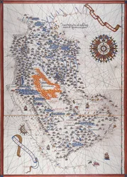 Mapa da Península Arábica, com a rosa dos ventos e detalhes dos portos e costas marítimas, no Atlas de Joan Martines
