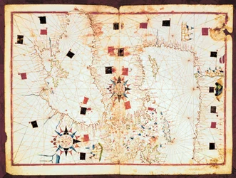 Mapa da parte oriental do Mediterrâneo e do Mar Negro, manuscrito de um atlas portulano do século XVI (manuscrito)