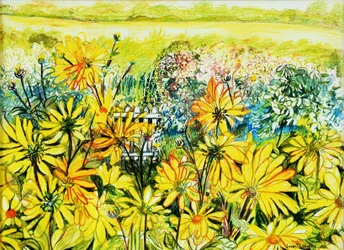 Portão Cottage visto através de Sun Daisies, 2005, (cor de água)