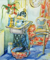 Interior Cottage, com Cat, 2000, cor de água em papel caseiro