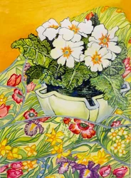 Primrose pálida em uma panela com têxteis de primavera-flor, 2000
