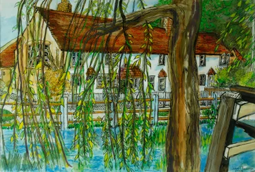 The Pond at Hedgerley (caneta e tinta com guache sobre papel)