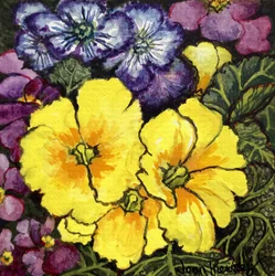 Três Primroses Amarelos rodeados de malva e primroses e folhas roxas (aguarela)