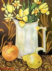 Tulipas e Daffodils em White Jug, com tecidos, romã e pêra (aguarela)