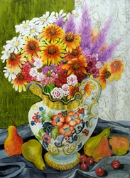 Jarro Vitoriano com Flores Mistas, Peras e Cerejas, 2010, guache