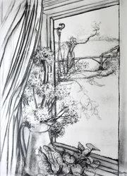 Vista através da janela da casa de campo, 1970 (carvão vegetal)