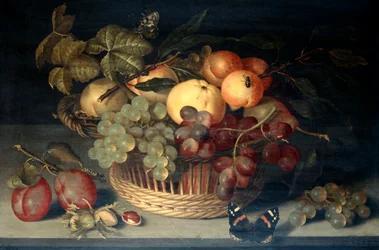 "Cesta de Frutas e Borboleta Almirante em Mesa de Pedra", 1610.  