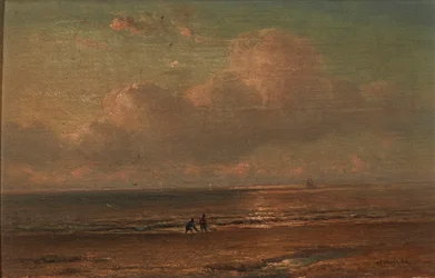 Figures By the Coast at Dusk (óleo no painel)