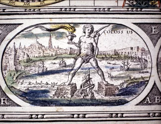 Representação das Sete Maravilhas da Antiguidade: o Colosso de Rodes. no Atlas de Jansson Jannsonius impresso em Amesterdão em 1630. Coleção privada.