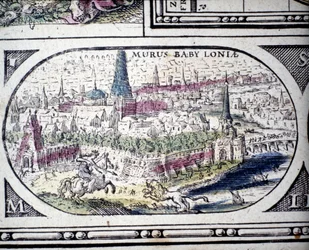 Representação das Sete Maravilhas da Antiguidade: os Jardins da Babilônia. no Atlas por Jansson Jannsonius impresso em Amsterdã em 1630