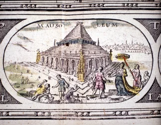 Representação das Sete Maravilhas da Antiguidade: o Mausoléu de Halicarnassus. no Atlas por Jansson Jannsonius impresso em Amesterdão em 1630. Coleção privada.