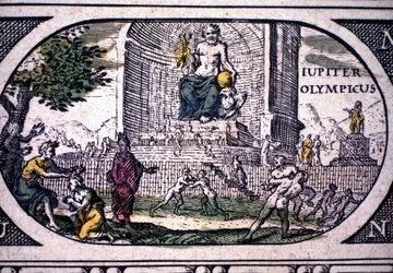 Representação das Sete Maravilhas da Antiguidade: a estátua de Júpiter (Zeus) de Phidias - em "O Atlas" de Jansson Jannsonius, impresso em Amsterdã em 1630