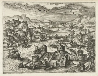 Paisagem fluvial com castelo de água
Paisagens, paisagens marinhas e paisagens urbanas imaginativas (título da série)