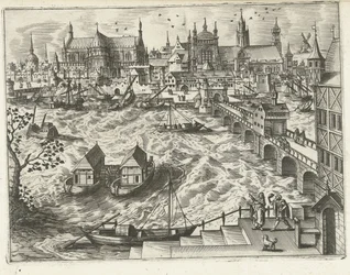 Arquitetura da cidade com ponte e porto Paisagens, marinhas e paisagens urbanas imaginativas (título da série)