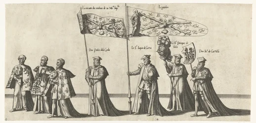 Deel van de optocht, nr. 3 en 4
Begrafenisoptocht van keizer Karel V, 1558 (título da série)
La magnifique, et sumptueuse Pompe Funebre, faite aus Obseques & Funerailles du tres-grand & tres-victorieus Empereur Charles Cinquième, Celebrées en la Vile de 