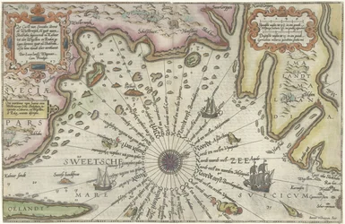 Mapa da costa da Suécia entre Kalmar e Estocolmo
Sea Custe of Sweeden, omtrent de Westerwijck ende tgatt vann Stockholm (...) (título sobre o objecto)