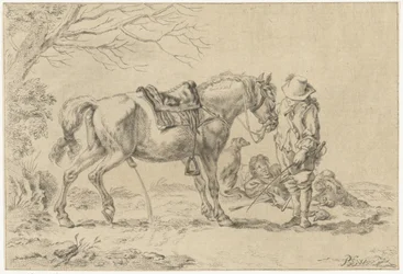 Cavaleiro ao lado de cavalo mijão