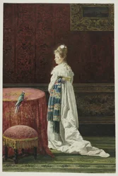Mulher com um papagaio verde