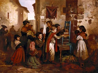 Crianças brincando na procissão religiosa, pintura de Joaquim Vayreda y Vila