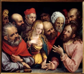 Cristo e a Mulher Adultera Pintura em Papelão por Jobst Harrich (1580-1617) 1617 Sol. 0,73x0,84 m