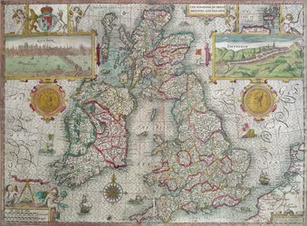 Mapa do Reino da Grã-Bretanha e Irlanda, 1610 (gravura colorida à mão)