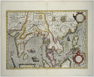 O subcontinente indiano para as Filipinas por meio das porções do norte do arquipélago indonésio e da península malaia, início do século XVII (gravura a cores)
