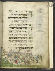 MS Add. 14762, fól. 15r, Êxodo e travessia do mar Vermelho, da «Hagadá Asquenaze», cerca de 1460