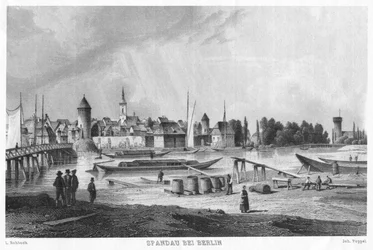 Vista histórica dos Spandau perto de Berlim. Gravação de aço. Vista do Stresow para a cidade velha de Spandau. Em primeiro plano o estaleiro naval na Stresow, à esquerda a Stresow Bridge (mais tarde Charlotten Bridge).