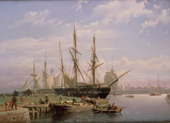 Navios à vela holandês na âncora em um estuário do rio