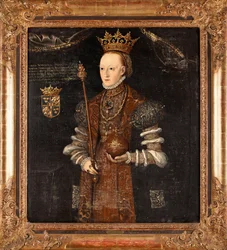 Retrato de Margaret Lejonhufvud (nee Margareta Eriksdotter) (1516-1551), Rainha da Suécia - Pintura de Johan Baptista van Uther (activo 1562-1597), óleo sobre tela (102x90 cm)