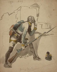 Uma Infantaria Privada da Linha (possivelmente 27º Regimento, Hesse Cassell), 1790-1809 (aguarela)