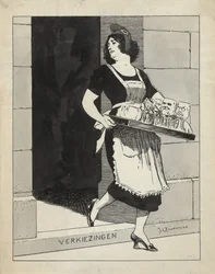 Desenho para ilustração em De Amsterdammer: A Virgem Holandesa como criada com um tabuleiro de óculos viaja sobre a etapa Eleições (17 de Maio de 1924)