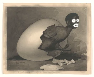 Projeto para uma ilustração em De Amsterdammer: um homem negro rasteja para fora de um ovo (19 de abril de 1930)