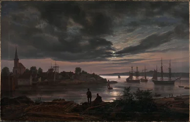 Norueguês:  Porto de Larvik ao luar Larvik ao luar