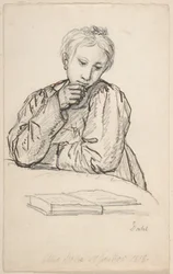 Retrato de Eline Marie Heger em criança, apoiada numa mesa, a olhar para um livro