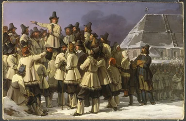 Rei Gustav I Vasa (1496-1560) Dirigindo-se aos homens de Dalarna em Mora - Rei Gustav Vasa da Suécia Dirigindo-se aos homens de Dalarna em Mora, por Sandberg, Johan Gustaf (1782-1854). Óleo sobre tela