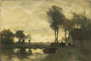 Paisagem com casa de campo perto de um lago