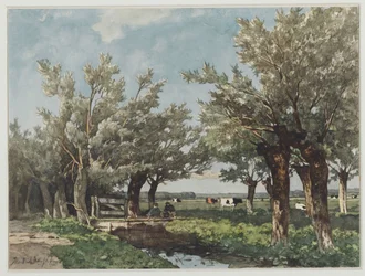 Paisagem com uma vala onde dois rapazes estão a pescar