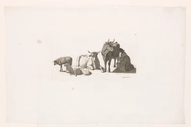 Mulher ordenhando uma vaca, com gado e ovelhas.
