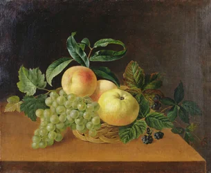 Cesta com Maçãs, Pêssego e Uvas