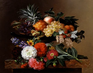 Dálias, tremoços e coreopsis num Kylix grego. Pintura de Johan Laurentz Jensen (1800-1856) Coleção particular.