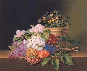 Lilás, flor de maçã, flores e doce williams com um pote de violas em uma borda, 1827