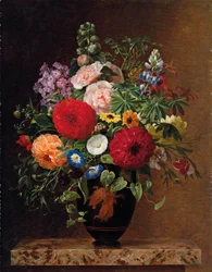 Lilás, flor de maçã, flores e doce williams com um pote de violas em uma borda, 1827